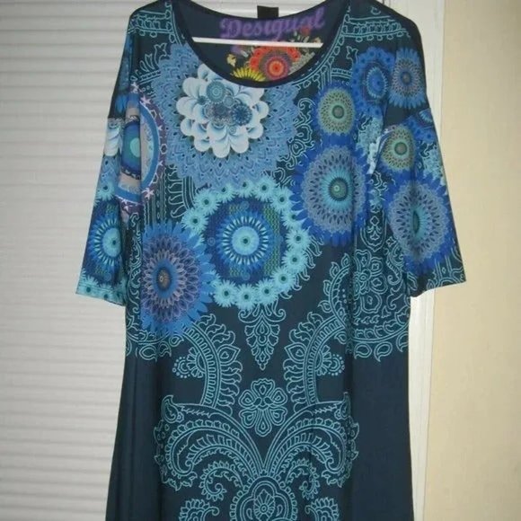 ❤️Stunning!! DESIGUAL Multicolor Op Art Floral High Slit Tunic Top Dress Size XL - Picture 1 of 9